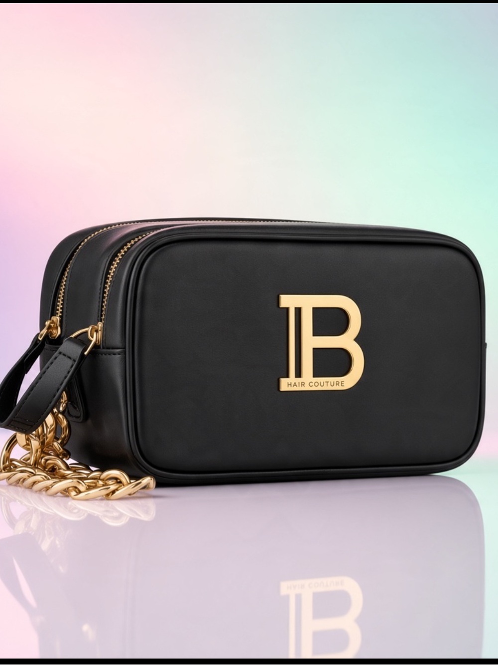 Balmain Black Leather Makeup Pouch with Gold 'B' Logo